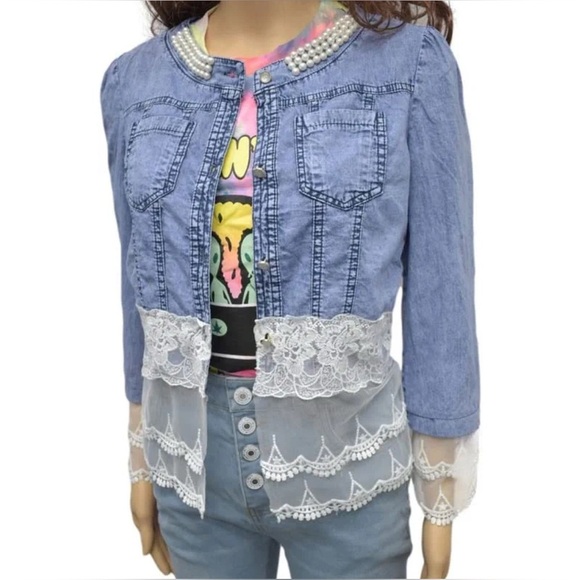 Slim Stitching Denim Top Blouse Long Sleeve Pearl Neckline & Lace Trim Size L - Picture 1 of 13